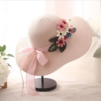 VROČE poletje Slog velike robna slamnik odrasle ženske, dekleta modni nedelja klobuk uv Cvetje zaščito velik lok poletje plaža klobuk