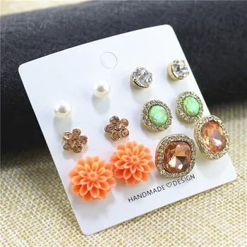 XQ uhani set 6 parov / kartico oranžne rože, kvadrat, krog belih imitacije pearl cinkove zlitine nakit za ženske stranka nakit