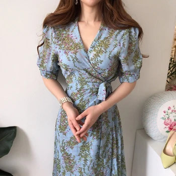 YAMDI kratek rokav korejski poletje elegantne obleke 2020 novo cvjetnim tiskanja čipke ženska midi obleka ženske stranka letnik a-line lady