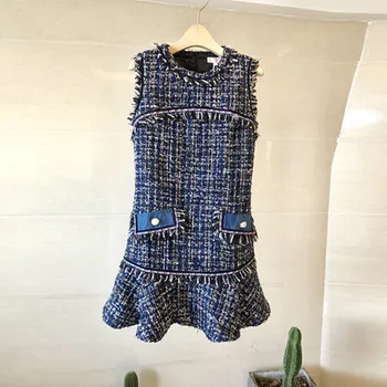 YiLin Kay Visoke Kakovosti Modni Oblikovalec vzletno-pristajalne Steze 2020 Jeseni Žensk brez Rokavov Okrogle Ovratnik Slim Tweed Obleko