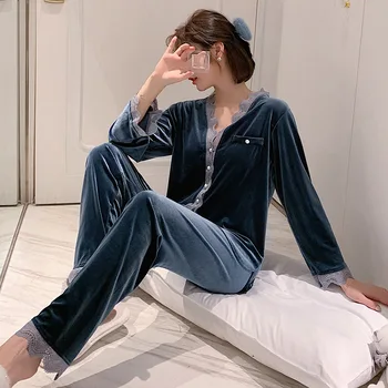 YRRFUOT Žamet Pižamo Žensk Obleko Dolgo sleeved Jopico Čipke 2020 korejska Različica Moda Priložnostne Žensk Barva Sleepwear