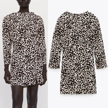Za Leto 2020 Leopard Natisnjeni Mini Obleka Ženske Jeseni Mode Z Ramen Blazine Visoko Vratu Dolg Rokav Obleke, Ženske Elegantno Obleko