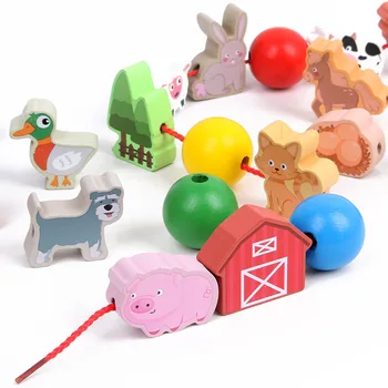 Zabavno lesena otroška beaded igro zgodnje izobraževanje Montessori igrače, živali beaded gradniki beaded igrače za otroke, izobraževalne igrače