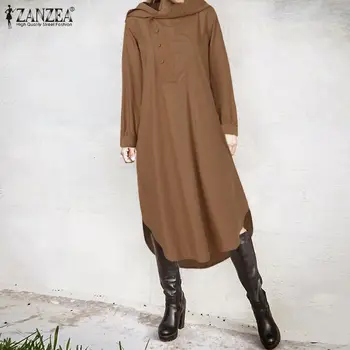 ZANZEA Ženske Hoodies Sundress Modo Jeseni Long Sleeve Hooded Majica Obleko 2021 tam kaftan Haljo Gumbi Vestidos Femme Plus Velikost