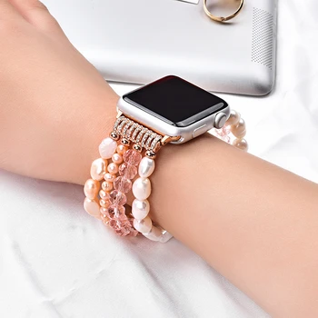 Zapestnica watchband za Apple ura 5 44 mm 40 mm Band 42mm 38 mm Dekle Srčkan Ročno izdelan Modni iwatch 4 3 kristalno Elastični Trak biser