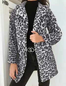 Zgostitev Leopard Ženske Jakna Mid-Dolgo Specializiranimi Za Umetno Krzno Plašč Ženske Slim Priložnostne Luipaard Krzno, Jopiči, Ženski Harajuku