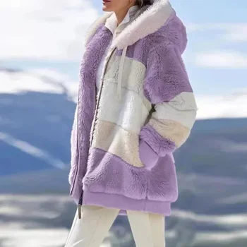 Zimska jakna ženske modni Plišastih mozaik zadrgo žep pozimi Hooded suknjič retro svoboden Dolg Rokav Plus Velikost Ženske Nadlak