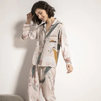 Zvezdnato Nebo In Cvjetnim Natisne Ženske Pižame Nastavite Udobje Bombaž Saten Poln Rokav Homewear Ženske Ponudbe Priložnostne Obrabe Za Pomlad