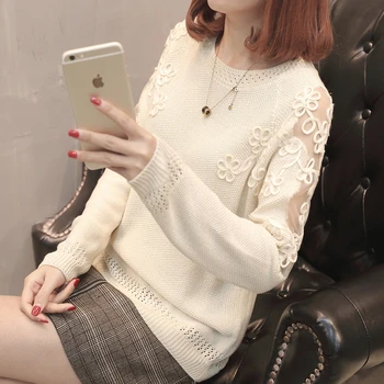 Čipke Preplete O-Vratu Votlo tiskanje iz dolgimi rokavi, Puloverji Ženske pletenje elegantno Svoboden vrhovi ženski modni pulover korejski