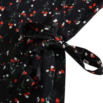 črna cvjetnim natisne obleko za ženske kratkimi rokavi, V-vratu kravato pasu koleno dolžina obleke vestidos M30580