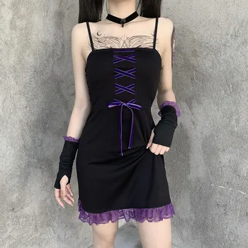 Črna Temno Goth Kontrast Barve Mini Obleka 2020 Lady Povoj Škrlatne Čipke Oblečena Trak Izrezanka Rokav Backless Vestidos Brez Rokavov