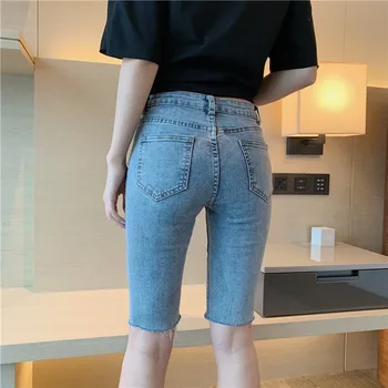 Črne Skinny Jeans Ženska Kolena Dolžina Visoko Pasu Kažejo Slim 2020 Novo Poletje Luknjo Elastična Korejski Pol Kolena Traper Hlače Ženske