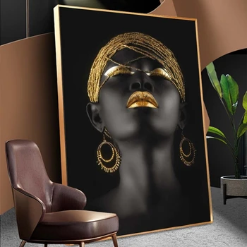 Črni Afriški Ženska Oljnih Slik na Platnu Zlati Ličila Portret Plakatov in Fotografij Skandinavskih Stenske Slike Doma Dekoracijo