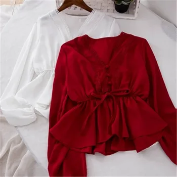 ženske bohemian shirt ženski jesen pomlad korejski slog v vratu dolg rokav bela rdeča črna bluza blusa PZ1254