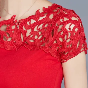 Ženske Bombažne Čipke Mozaik Majica 2020 Moda Poletje Kratek Rokav Elegantne Dame Vrhovi Plus Velikost Womens Obleka Črna, Rdeča, Bela