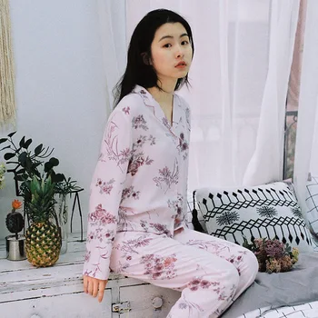 Ženske Dolg Rokav Saten Pižamo Jeseni Cvjetnim Tiskanje Pijama Mujer Loungewear 2 Kos Ženske Nosijo Sleepwear Seksi Domov Oblačila