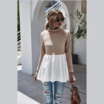 Ženske Elegantne Mozaik Sweatershirt Vrhovi Turtleneck Long Sleeve Solid Color Slim Ženske Vrh Jesen Pomlad Modni Ženski Pulover