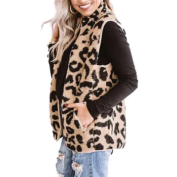Ženske, Fuzzy Sherpa Runo Outwear Lahki Leopard Tiskanja brez Rokavov Zip Gor Jakno s Pocket Plast Za Zimo