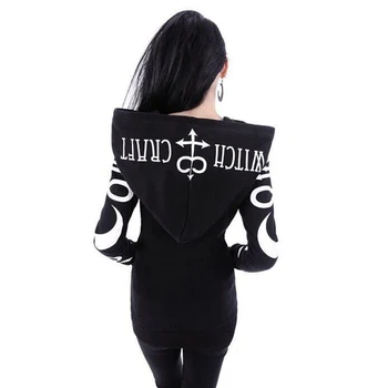 Ženske Gotike Punk Zip Dolg Rokav Hoodies Luna in Črke Natisni Športna Majica Jakno Plašč z Žepi Halloween Kostum