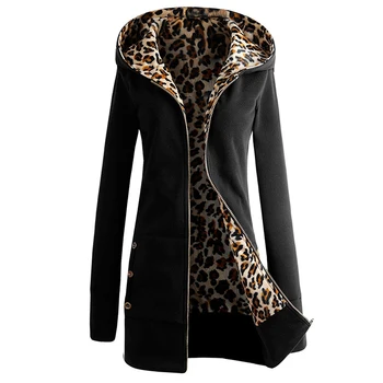 Ženske Jakna Debelejši Hooded Majica Leopard Zadrgo Plašč Ženske Plus Žamet Suknji Outwear Žensk Jeseni Jakna