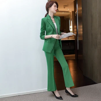ženske modne ruffle robom hlače obleko trdna green Office Lady plus velikost 5XL 2 delni set jopič novo obleko jopiči in širok noge sopihanje