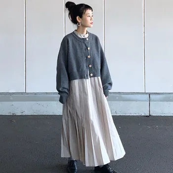 Ženske Nabrano Obleko Pomlad Jesen Dolg Rokav Navaden Gleženj-Dolžina Svoboden Oversize Korejski Japonska Priložnostne Minimalističen Dolge Obleke Maxi