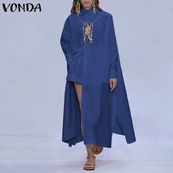 Ženske obleke 2021 VONDA Letnik Dolg Rokav Stranka Maxi Dolgo Obleko Zavoj navzdol Ovratnik Sundress Plus Velikost Priložnostne Vestidos Femininas