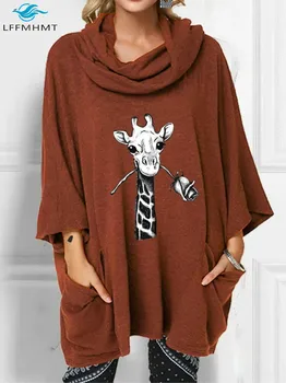 Ženske Pomlad Jesen Risanka Žirafa Tiskanja Tričetrt Rokav T-Shirt Urad Dama Korejski Svoboden Slog Priložnostne Vrh Puloverju Elegantna Tee