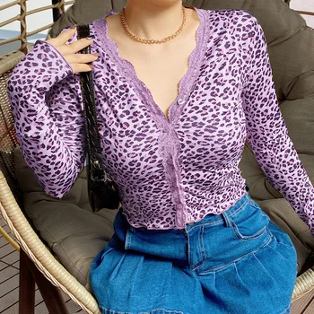 Ženske Proti-Vrat Leopard Priložnostne Čipke Kratek Vrhovi Bluze Lady Pletenje Mehke Tanke Poletje Jopico Outwear za Ženske
