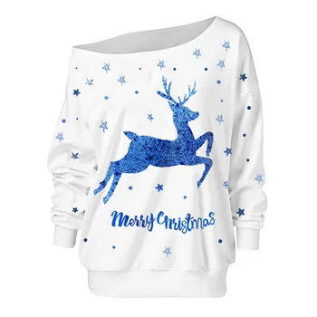 Ženski pulover božič diagonalno ovratnik elk tiskanja dolg rokav bluze, modne svoboden vrhovi ženske obleke pulover božič