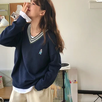Ženski Puloverji Japonski Kawaii Ulzzang Risanka Nosi Barvo Ujemanje V-vratu Jopica Ženski korejski Harajuku Oblačila Za Ženske