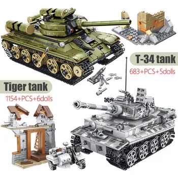 1154pcs Mesto Diy nemški Tank Tiger Bloki Tehnične WW2 Imperiji Jekla Vojske Tank T-34, Gradnjo Blokov, Igrače Za Fante