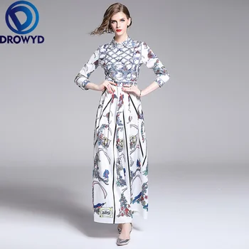2019 Jeseni Boho Belo Tiskanje Maxi obleke za Ženske Priložnostne Dolg Rokav Moda Visoko Pasu Elegantno Club Stranka Obleko Vestidos A-Linije