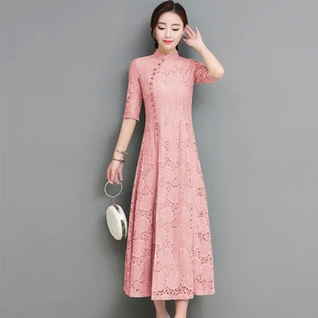 2019 Poletje Qipao Žensk Čipke Dolgo Cheongsam Moda Kitajska Obleka Ženske Elegantno Vitek Vestido Seksi Stranke Obleke 3XL A267