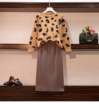 2019 Pozimi Pletene 2 Kos Krilo Obleke, Ženske Leopard Pulover + Naravnost Midi Krilo Obleke, Casual Korejski Modni 2 Kos Set Obleko
