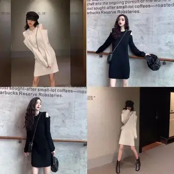 2020 Jeseni In Pozimi Nove Seksi Obleko brez naramnic Dolgo sleeved Črno Pleteno Obleko Ženski Elegantni Temperament Dno Obleko