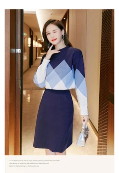 2020 korejski Jeseni Ženske Geometrijo pulover z Dolgimi Rokavi pleteni pulover & Bodycon Midi Krilo Nastavite Ženske Dva Kosa Obleke