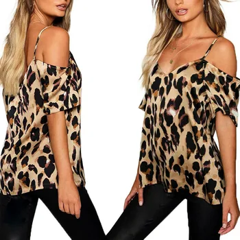2020 Moda Plus Velikost Ženske Poletne majice Leopard Tiskanja Hladno Ramo Vrhovi majica s kratkimi rokavi Ženske Obleke(S-5XL)
