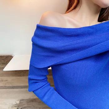 2020 nove Seksi Pletenje Puloverji pulover ženske Elegantne Poševnica vratu jeseni vrhovi majica Ženska modra jopica High Street