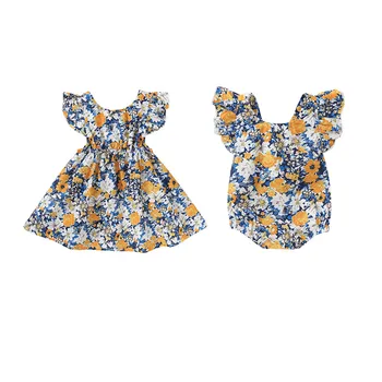 2020 Novega Otroka Poletje Bombaž Oblačila Baby Dekleta Sestra Ujemanje Oblačila Romper Obleke Jumpsuit Cvetlični Obleko Set