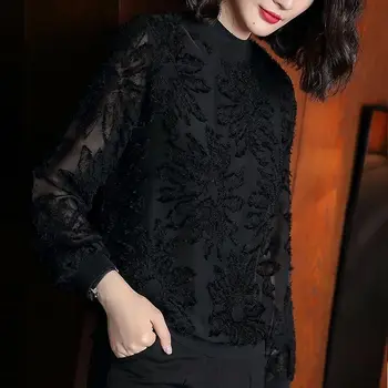 2020 pomlad novi tuji modni stil majhna ženska majica črna divje dolgo sleeved čipke dame srajco okoli vratu dno majica