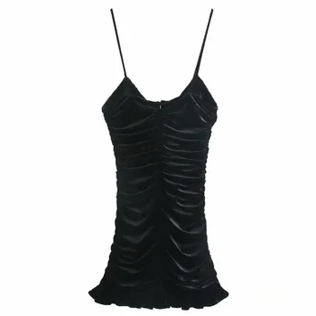 2020 Za Žamet Ruched Mini Obleka Ženske Proti-vrat Špageti Trak Backless Stranke Obleke Ženska Nazaj Zip Flounce Robom Seksi Črno Obleko
