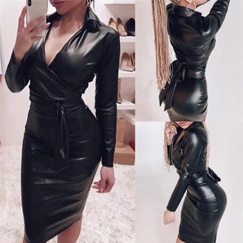 2020 Ženske obleke z Dolgimi Rokavi Jesen Pomlad Seksi Bodycon Mini Slim Proti-Vrat Seksi Dame Priložnostne Black PU Usnje Svinčnik Oblačila