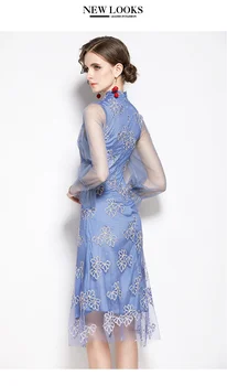 2021 Poletje Romantično Slim Cvetlični Mrežasto Obleko Votlih Iz Koleno Dolžina Ženske Obleke Modra Stranka Obleko