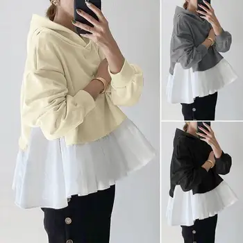 2021 ZANZEA Jeseni Long Sleeve Majica Fashion Ženske Hoodies Mozaik Kapičastih Pulover Ulične Priložnostne Ruffles Sweatshirts