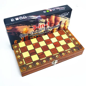 3 v 1 Magnetni Leseni Šah, Backgammon Dama Potovanja Igre Chess Set Odbor za Odrasle Otroke Začetnike Veliki Šah Odbor Nova Zasnova