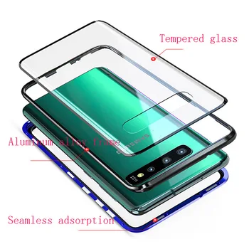 360 Full Metal Magnetni Primeru Telefon Za Samsung Galaxy S8 S9 S20 5G Opomba 9 8 10 S10 Plus Dvojno Stranicami, Kaljeno Steklo Pokrova