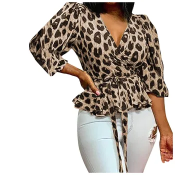 40# Ženske Leopard Tiskanja Bluze, Majice Velikosti Osebnost Proti-vrat Dolg Rokav Svoboden Vrhovi Žensk Krpo Bluze Roupas