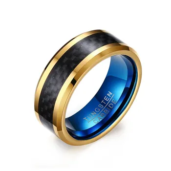 8 mm modra volframov karbid obroči zlata barva črna ogljikovih vlaken podolgovat poročni bend, nakit modni prst prstan za Moške