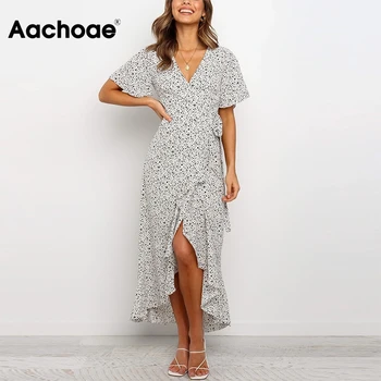 Aachoae Poletje Ženske Natisnjeni Dolgo Maxi Obleke 2020 Ruffles Kratek Rokav Priložnostne Zaviti Obleko V Vratu Split Boho Plaža Obleko Vestido